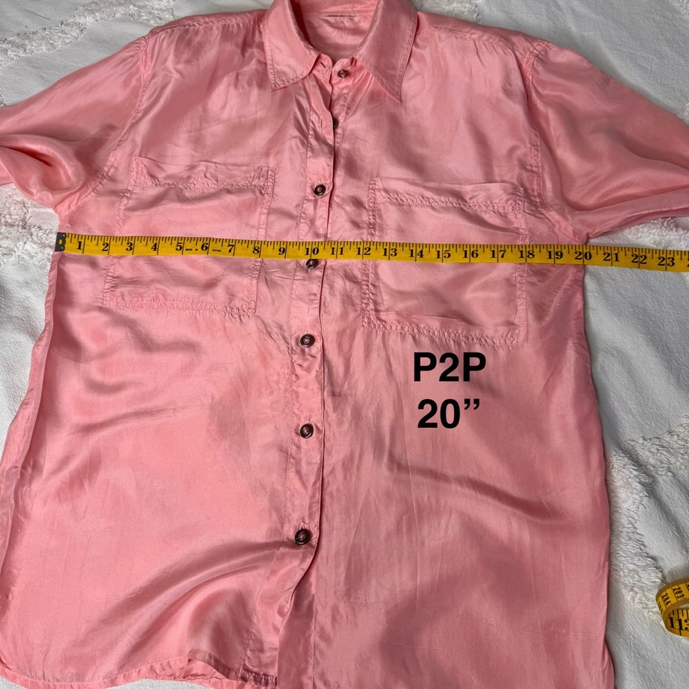Vintage 100% Silk Blouse Button Down Light Pink Sz Medium 90's Shoulder Pads - Picture 4 of 15